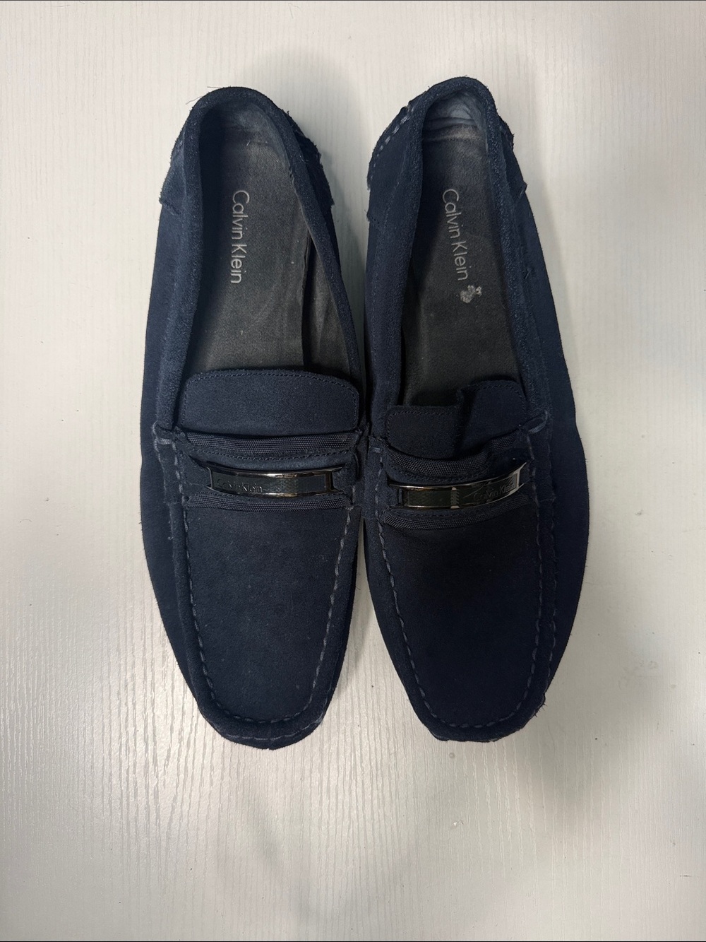 Calvin Klein Men's Dark Blue Suede Loafers with Metal Accent